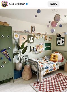 a bedroom with green lockers and pictures on the wall