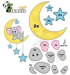 an elephant sitting on the moon next to some stars and crescents with numbers for each