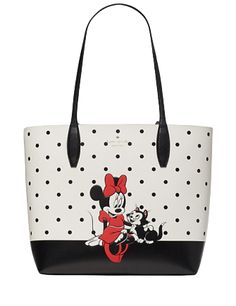 12.6"h x 18.4"w x 6.4"dhandle drop: 11"refined grain leatherfoil embossed logounlinedinterior detachable wristletopen top closurestyle # k4643Color: Multi Kate Spade Minnie Mouse, Kate Spade Disney, Disney Purse, Reversible Tote Bag, Disney Bags, Kate Spade Outlet, Disney Handbags, Leather Tote Purse, Disney Bag