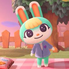 the animal crossing character is standing in front of a picnic table with food on it