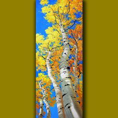 an oil painting of trees with yellow leaves on them and blue sky in the background