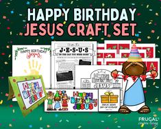 the happy birthday jesus craft set with pictures and confetti on it, surrounded by confetti sprinkles