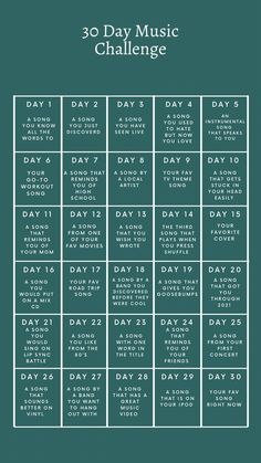 the 30 day music challenge is shown in green and white, with words on it