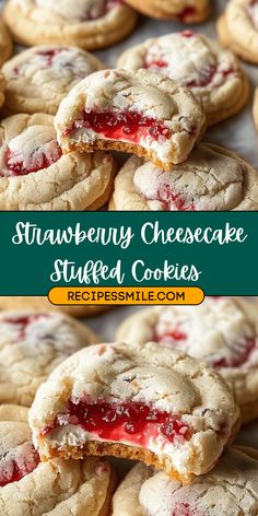 strawberry cheesecake stuffed cookies are stacked on top of each other