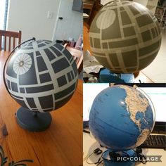 three different globes sitting on top of a wooden table