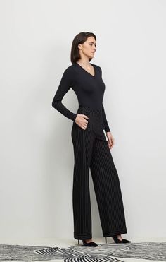 Refine your look with tailored black Italian twill trousers, nipped-to-perfection occasion-wear women love: bias-cut notched waistband, tacked cuffs, and multidirectional ivory pinstripes. Luxury Pants, Twill Trousers, Pinstripe Pants, Fall Collections, Spring Collection, Summer Collection, Occasion Wear, Shopping Outfit, Lookbook