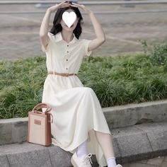 Color: Apricot, Size: M Casual Cream A-line Midi Dress, Casual Cream Maxi Dress With Short Sleeves, Casual Cream Short Sleeve Maxi Dress, Casual Cream Knee-length Maxi Dress, Chicken For Dogs, The Special One, Korean Aesthetic, Korean Dress, Collar Dress