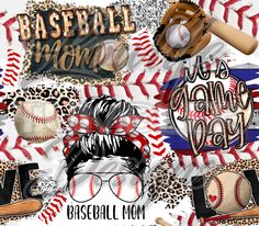 baseball mom digital collage with many different sports related items including gloves, mitts and balls