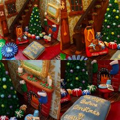 a christmas themed cake is displayed in front of a fireplace and decorated with holiday decorations