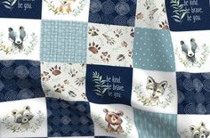 a quilt with animals on it and the words be kind of love written in cursive writing