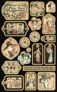 an assortment of vintage style tags with women in dresses and hats on them, including the words happy birthday