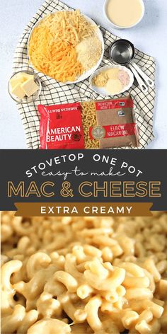 macaroni and cheese is shown with the ingredients for this creamy, cheesy meal