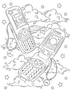 two cell phones flying in the sky with stars and clouds around them, one is black and white