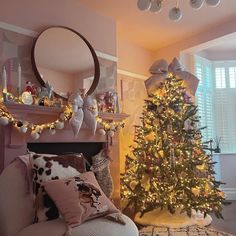 a living room painting pink with a pink fireplace and a pink christmas tree, white shutters in the window and pink cushions on a pink sofa Lilac Walls, Dreaming Of A Pink Christmas, A Pink Christmas, Aesthetic Couple, Pink Christmas Tree, Pink Paint, Pink Decor, Feminine Aesthetic, Make Things