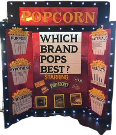 a pop corn display with the words which brand pops best? and pictures of popcorn