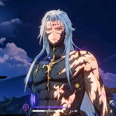 an anime character with white hair and blue eyes standing in front of a dark sky