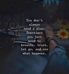 someone is sitting in their car with the words you don't always need a plan sometimes you just need to breathe, trust, let go and see what happens