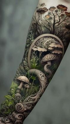 an arm tattoo with mushrooms and leaves on it, in the middle of a forest