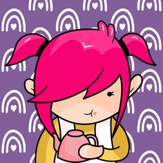 a cartoon girl with pink hair holding a cup