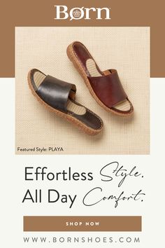 Born Shoes offers comfortable women's sandals with effortless style and all day comfort at an incredible price. Our single banded PLAYA sandal is made using full-grain leather with a cushioned insole and a high-traction rubber outsole. Comfortable Slip-on Sandals With Textured Sole, Leather Lined Slip-on Beach Sandals, Natural Leather-lined Sandals For Beach, Leather Sole Slip-on Wedge Sandals For Beach, New Chic Shoes, Comfortable Non-slip Leather Flip Flops, Summer Outfits Women Over 40, Haircuts For Medium Length Hair, Born Shoes