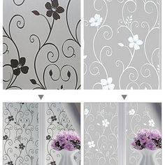 four different images of flowers in vases on the wall and behind them are pictures of decorative designs