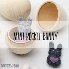 mini pocket bunny is sitting in a small wooden bowl next to some rocks and seashells