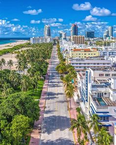 an aerial view of the beach and city skyline in miami, florida with palm trees on both sides