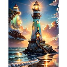 a painting of a lighthouse with the sun shining down on it's water and clouds