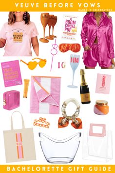 a woman in pink shirt surrounded by items from bachelor gifts and personalized gift bags