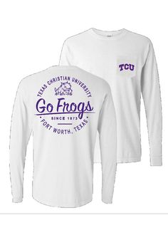 Fall Long Sleeve T-shirt With Pockets, Long Sleeve T-shirt With Pockets For Fall, Fall College Tops With Pockets, White Long Sleeve T-shirt With Pockets, Tcu Showgirl, College Tshirt Designs, Tcu Gameday Outfit, Football Spirit Shirts, Spirit Wear Designs