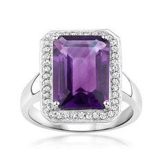 Ross-Simons - 4.80ct Amethyst, .20ct t. w. Diamond Ring in Silver. Size 6. Amethyst lovers, rejoice! Our stunning ring frames a 4.80 carat emerald-cut amethyst with .20 ct. t. w. round diamonds. Set in polished sterling silver. 5/8" wide. Diamond and amethyst ring. Amethyst birthstones are the perfect gift for February birthdays. Amethyst Birthstone, Amethyst And Diamond Ring, February Birthday, Amethyst Ring, Emerald Cut, Round Diamonds, Diamond Ring, Emerald, Jewelry Rings