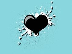 a black heart on a blue background with splats and paint spots in the center