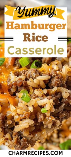 the hamburger rice casserole has been made with ground beef and is ready to be eaten