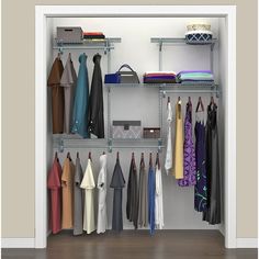 an open closet with clothes hanging on shelves