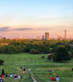 many people are sitting on the grass in a park with tall buildings and green trees