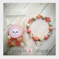 "Please find instructions for using Stretch Magic in a video posted on my Facebook page http://www.facebook.com/michelleandcompany7 Kawaii Teddy Bear style DIY charm bracelet. Each kit includes a 12 inch length of stretchy cord (Stretch Magic), an assortment of 14 unique designer beads,gold tone spacers and a n enamel bear charm.  The beads in the kit will make a 7 inch bracelet, if you remove one of the beads it makes a 6.5\" bracelet. You will receive each bracelet kit packaged in a zip lock b Teddy Bear Kawaii, Slumber Party Activities, Kawaii Teddy Bear, Paris Sweet 16, Slumber Party Favors, Bear Kawaii, Kawaii Bear, Kawaii Diy, Bracelet Kit