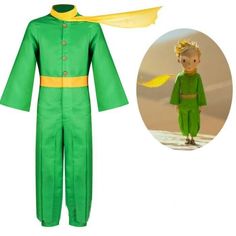 a child's green and yellow costume next to an image of a boy