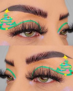 Christmas eyeshadow look: christmas tree Christmas Graphic Liner Makeup, Christmas Graphic Eyeliner, Creative Christmas Makeup Ideas, Christmas Make Up Looks, Thanksgiving Eye Makeup, Christmas Eyeliner