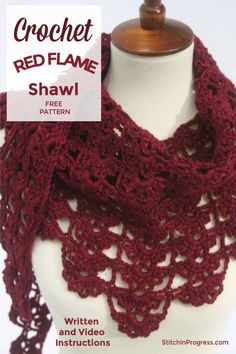 the crochet red flame shawl pattern is shown on a mannequin