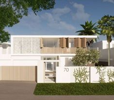 an artist's rendering of a modern house with palm trees in the foreground