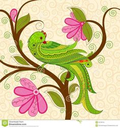 a green bird sitting on top of a tree branch with pink flowers in the background