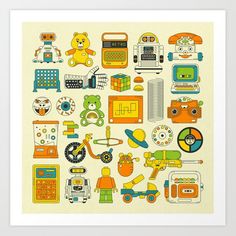 an art print with different types of toys and objects on it's surface, including a teddy bear