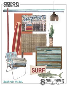 an image of a surf themed room with furniture and decor on the walls, including a chair