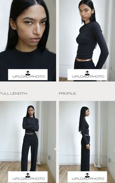 four different photos of a woman in black clothing and pants, with the caption upload photo