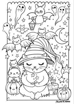 halloween coloring pages for kids with cats and bats on the page, in black and white