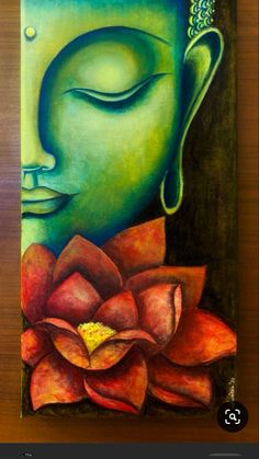 a painting of a buddha face with a flower in front of it