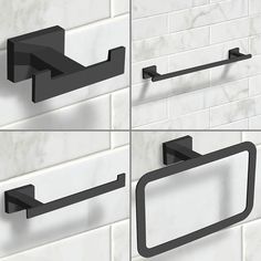 four pictures of black bathroom accessories on white tile backsplashes and wall mounted toilet paper dispensers