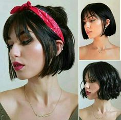 Dark Hair Bob Haircut With Bangs, Short Dark Hair With Bangs, Peinados Fáciles Para Cabello Corto, Penteado Cabelo Curto, Short Hair With Bangs, Dream Hair, Hair Dos, Bobs Haircuts, Hairstyles With Bangs