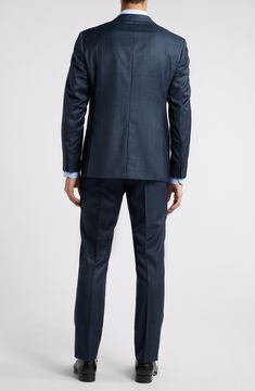 Premium wool woven in a dusky-blue plaid brings polish and distinction to a suit that's styled to make a smart, versatile addition to any formal wardrobe. Jacket has notched lapels; chest welt pocket; flap pockets; interior pockets; side vents Trousers have zip fly; slant pockets; back button-welt pockets Jacket is lined; trousers are lined to the knee Unhemmed 100% virgin wool Dry clean Imported Navy Wool Suits For Formal Occasions, Navy Wool Business Suits, Blue Wool Double Breasted Suit For Office, Timeless Navy Business Suit, Timeless Blue Business Suit, Blue Wool Double Breasted Suit For Semi-formal Occasions, Formal Wool Three-piece Suit With Welt Pockets, Blue Semi-formal Suits With Welt Pockets, Blue Single-button Wool Suit