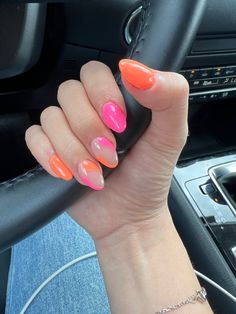 Bright Summer Almond Nails, Nails Pink And Orange, Simple Summer Nails Almond, Summer Nails Bright Colors, Nails For Florida Vacation, Summer Nail Designs 2024, Adidas Nails, Florida Nails